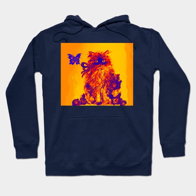 YELLOW CAT KITTEN ,BUTTERFLY AND BLUE ROSES Orange Purple Hoodie by BulganLumini